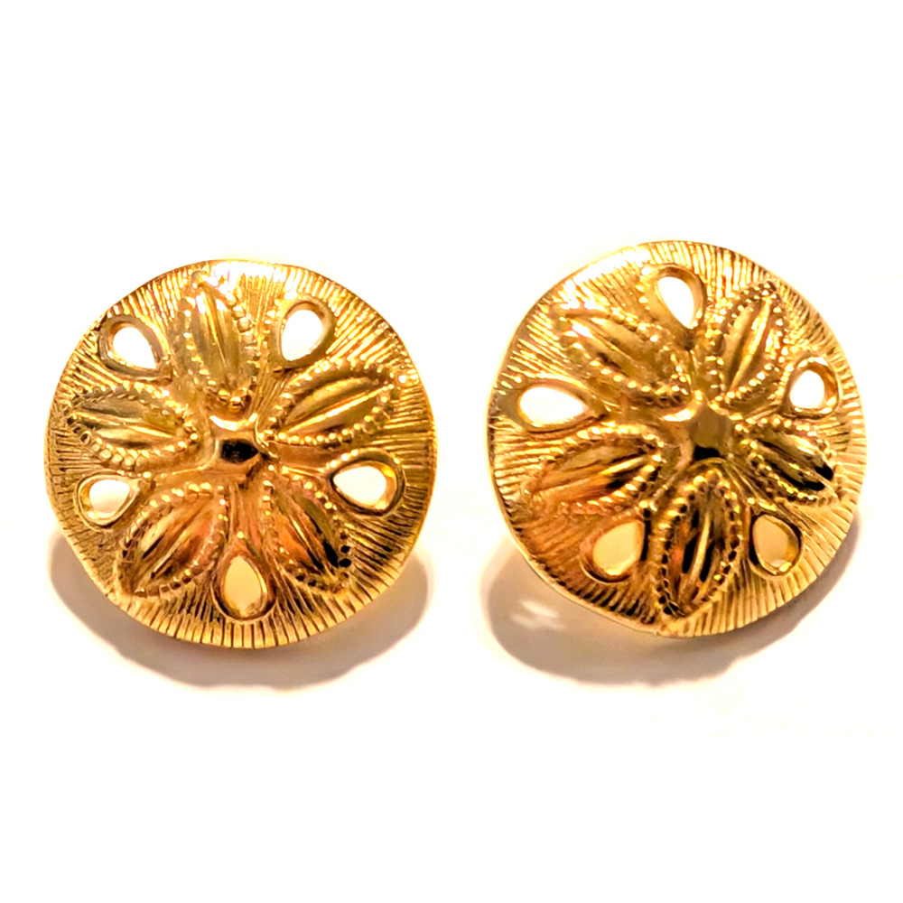 Sand Dollar Pierced Earrings 1" Shiny Gold-tone Stamped Nautical Beach‎ gp-83